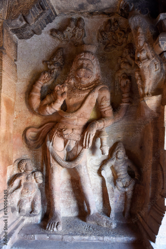 Cave 3 in Badami cave complex showing Narasimha avatar of Vishnu Cave 3 in Badami cave complex showing Narasimha avatar of Vishnu