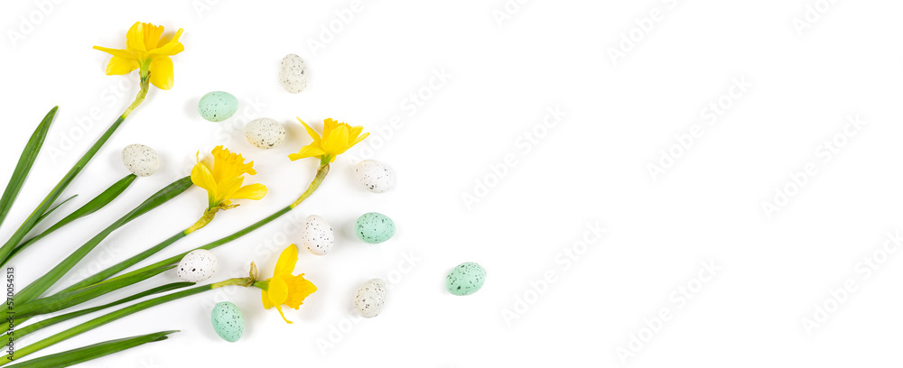 Panoramic view of Narcissus surrounded by Easter eggs on white