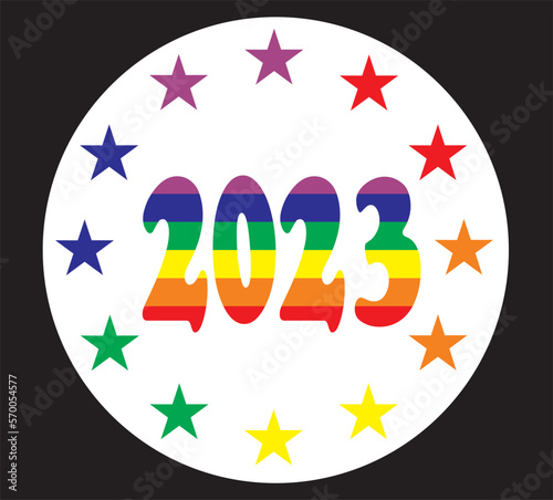 The inscription 2023. Vector LGBT pattern for T-shirt made  for pride parade with pride elements. LGBT symbol in rainbow colors.