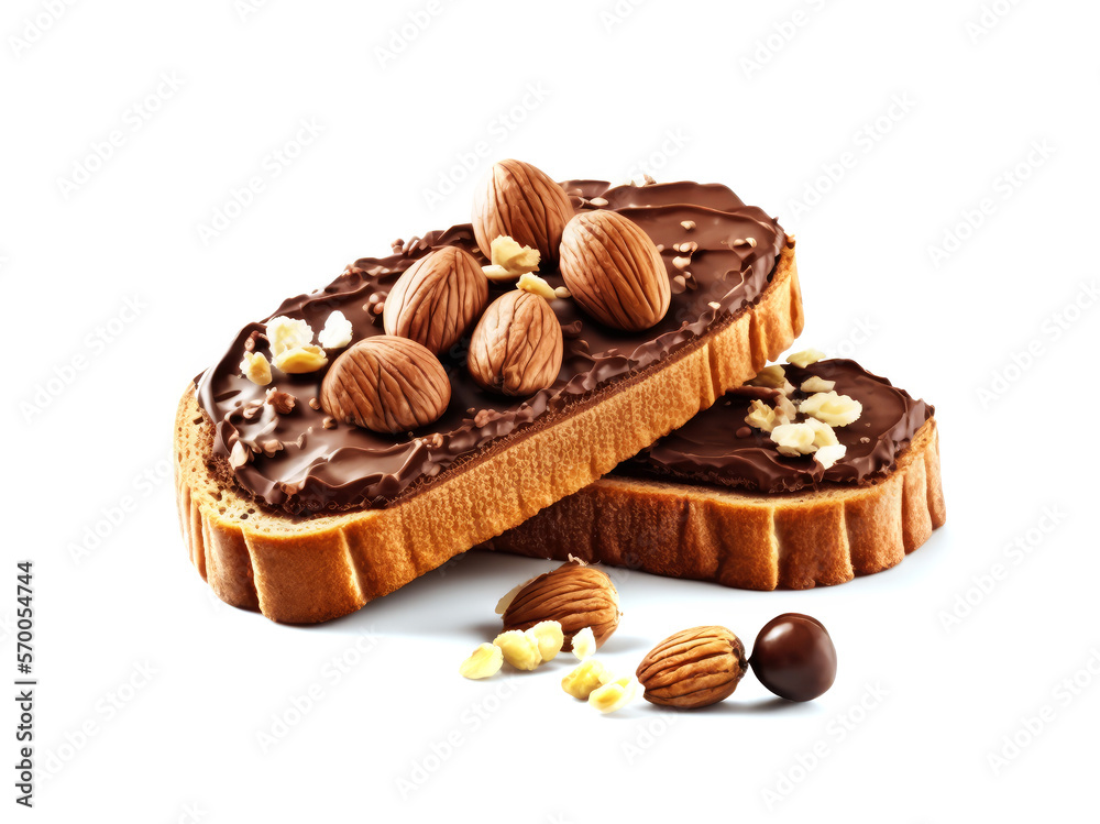 Bread with Chocolate Paste and Hazelnuts on White Background