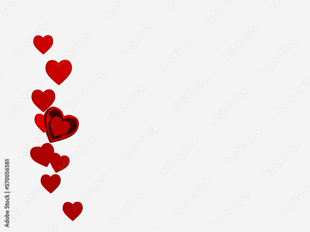 Valentine's hearts. Flying elements on a white background. heart shaped love symbols for holidays^ Happy Women's,  Day, Valentine's Day. flying 3d hurts. 3d illustration. Valentines day love symbol.