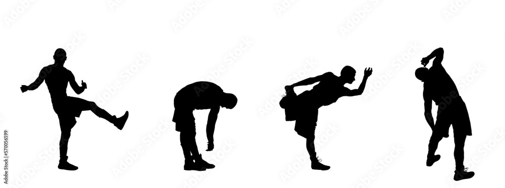 Basketball player stretching vector silhouette illustration isolated on white background. Sportsman boxer warming up, boxing game. Strain racking on court. Sport boy workout in gym. Fit man exercise. Basketball player stretching vector silhouette illustration isolated on white background. Sportsman boxer warming up, boxing game. Strain racking on court. Sport boy workout in gym. Fit man exercise.