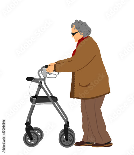 Senior woman active life with medical support. Old disabled woman using a walker vector illustration isolated on white background. Mature invalid lady walking. Grandmother in nursing home wait family.