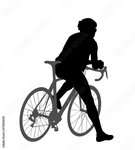 Time out bicyclist man vector silhouette illustration isolated on white background. Boy riding bicycle. Cyclists resting and watching on road. Pause after mountain race. Sportsman break after route.