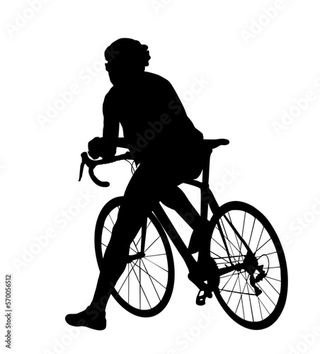 Time out bicyclist man vector silhouette illustration isolated on white background. Boy riding bicycle. Cyclists resting and watching on road. Pause after mountain race. Sportsman break after route.