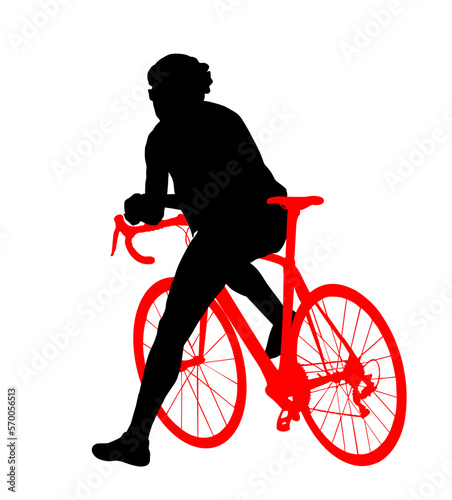 Time out bicyclist man vector silhouette illustration isolated on white background. Boy riding bicycle. Cyclists resting and watching on road. Pause after mountain race. Sportsman break after route.