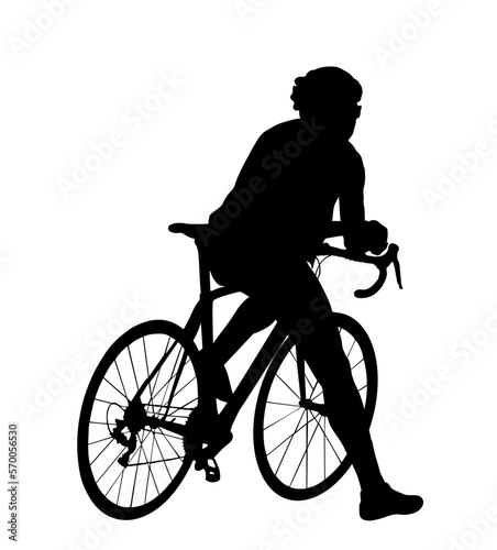 Time out bicyclist man vector silhouette illustration isolated on white background. Boy riding bicycle. Cyclists resting and watching on road. Pause after mountain race. Sportsman break after route.