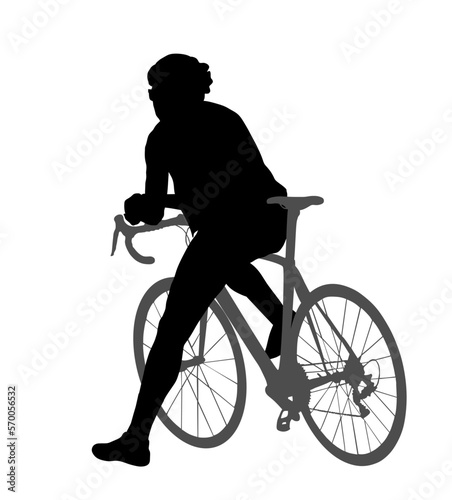 Time out bicyclist man vector silhouette illustration isolated on white background. Boy riding bicycle. Cyclists resting and watching on road. Pause after mountain race. Sportsman break after route.