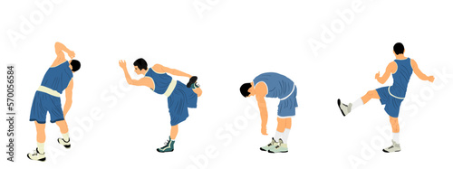 Basketball player stretching vector illustration isolated on white background. Sportsman boxer warming up before boxing game. Strain racking on court. Sport boy workout in gym. Fit man exercise. 