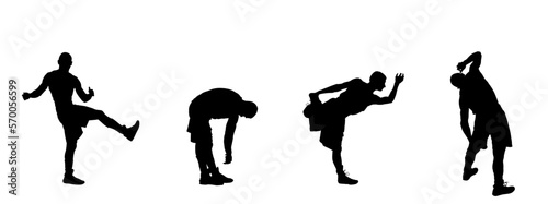 Basketball player stretching vector silhouette illustration isolated on white background. Sportsman boxer warming up, boxing game. Strain racking on court. Sport boy workout in gym. Fit man exercise. 