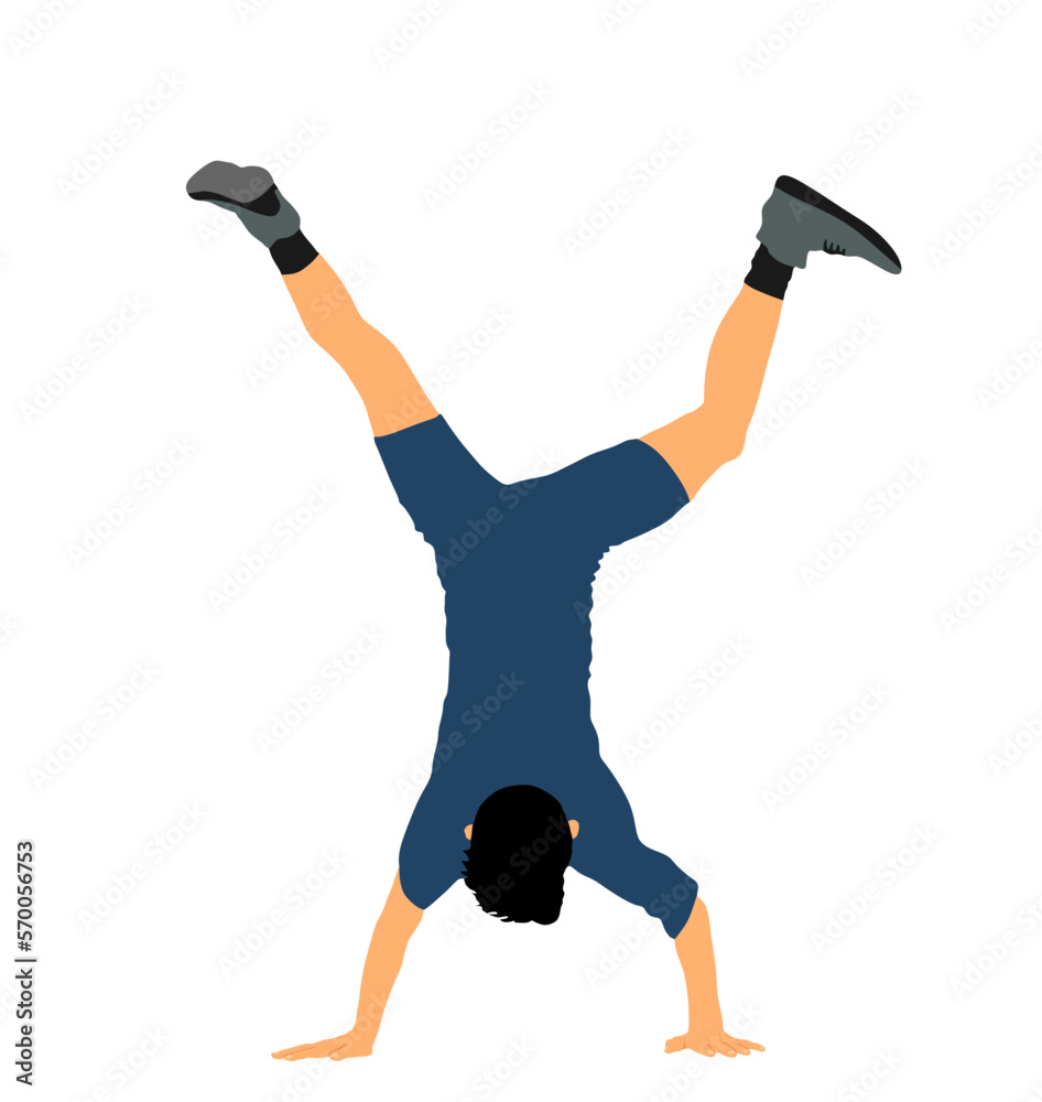 Young Man Doing Cartwheel Exercise Sportsman Acrobat Boy In Handstand Position Vector 0069