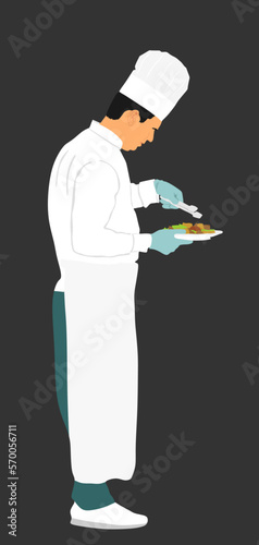 Chef in kitchen with special meal in plate vector illustration isolated on black background. Cook at work in restaurant. Cooking for guests. Professional man, Chef making food wit passion.