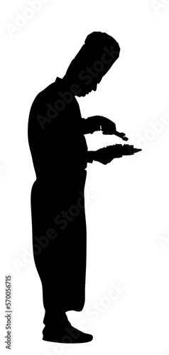 Chef in kitchen with special meal in plate vector silhouette illustration isolated on white background. Cook at work in restaurant. Cooking for guests. Professional man, Chef making food wit passion.