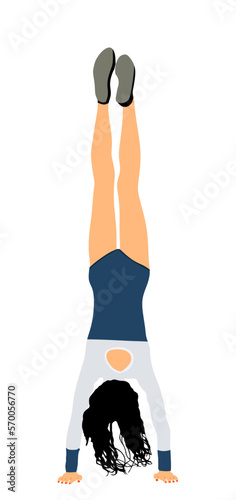 Girl doing cartwheel exercise. Sport woman acrobat figure in handstand position vector illustration. Standing on hand pose. Hand stand lady acrobatics street athlete performer. Stunt in circus skills.