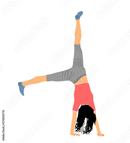 Girl doing cartwheel exercise. Sport woman acrobat figure in handstand position vector illustration. Standing on hand pose. Hand stand lady acrobatics street athlete performer. Stunt in circus skills.