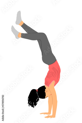 Girl doing cartwheel exercise. Sport woman acrobat figure in handstand position vector illustration. Standing on hand pose. Hand stand lady acrobatics street athlete performer. Stunt in circus skills.