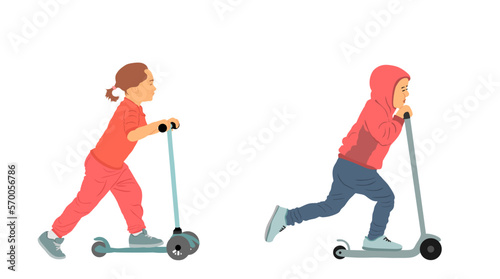Sister and brother riding scooter vector illustration. Kids on kick board enjoying together. Little girl and boy active outdoor fun entertainment. Children roller sport. Friends rent electric scooter.