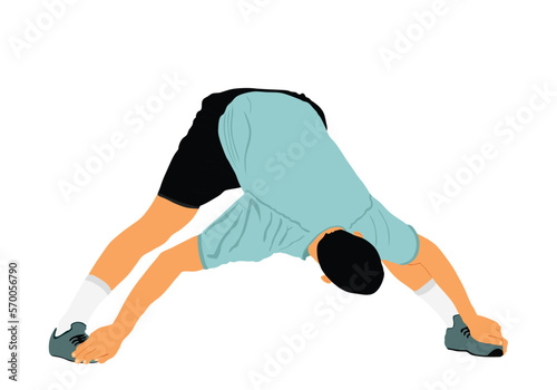 Soccer player stretching vector illustration isolated on white background. Sportsman warming up before football game. Strain racking on court. Sport boy workout in gym. Fit man exercise. 