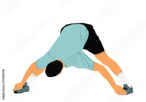 Soccer player stretching vector illustration isolated on white background. Sportsman warming up before football game. Strain racking on court. Sport boy workout in gym. Fit man exercise. 
