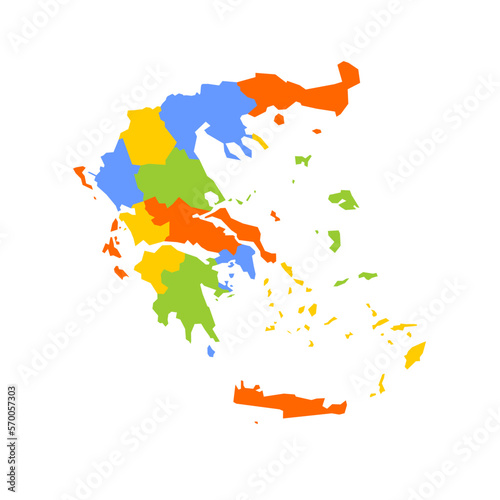 Greece political map of administrative divisions - decentralized administrations and autonomous monastic state of Mount Athos. Blank colorful vector map.