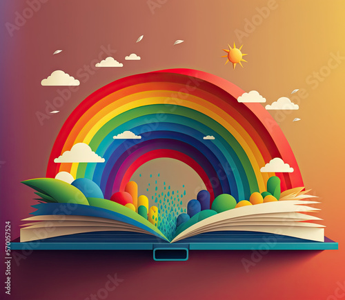 an open book with a rainbow in the background