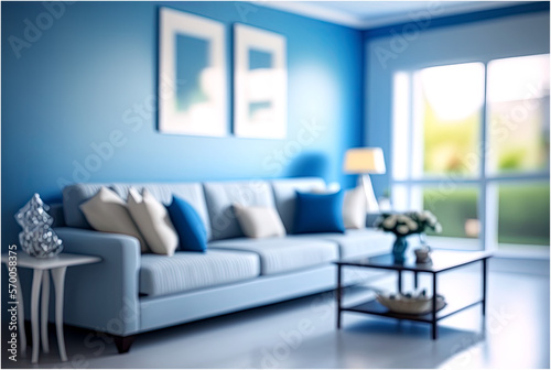 Blurred Living Room with Blue Tone Wall and Sofa for Background - Post-processed Generative AI