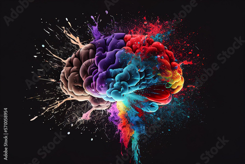 Abstract background with illustration of amazing human brain. The graphic shows the creative thinking of a man. Colorful paint splash. Lots of ideas and concrete action. T-Shirt design. Generative AI.