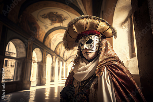 A man wearing an ancient carnival costume. An ornate mask covers his face. Posh clothes. In the background, a historic building with frescoes and large windows. Illustration, copy space. Generative Ai