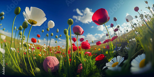 Bottom shot of blooming poppies. Wildflowers on a green meadow. Spring, seasonal background. Blue sky with white clouds. Soft natural light. Ultra wide angle of landscape. Moody light. Generative AI.