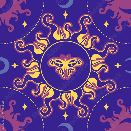 Mystery celestial background for tarot, astrology, yoga. Seamless pattern with crescent moon, night-fly, sun.Vintage esoteric vector illustration for fabric, wallpaper, packaging, astrology, wrapping