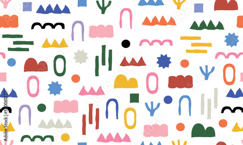 Abstract organic shape seamless pattern with colorful geometric doodles. Flat cartoon background, simple random shapes in bright childish colors