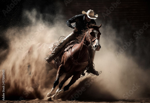 Fotobehang Cowboy riding a bucking bronco horse in a dusty rodeo arena, generative Ai