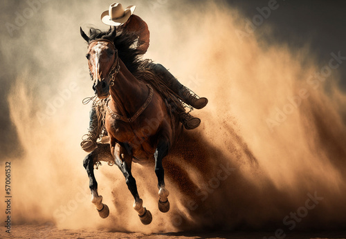 Fotografija Cowboy riding a bucking bronco horse in a dusty rodeo arena, generative Ai