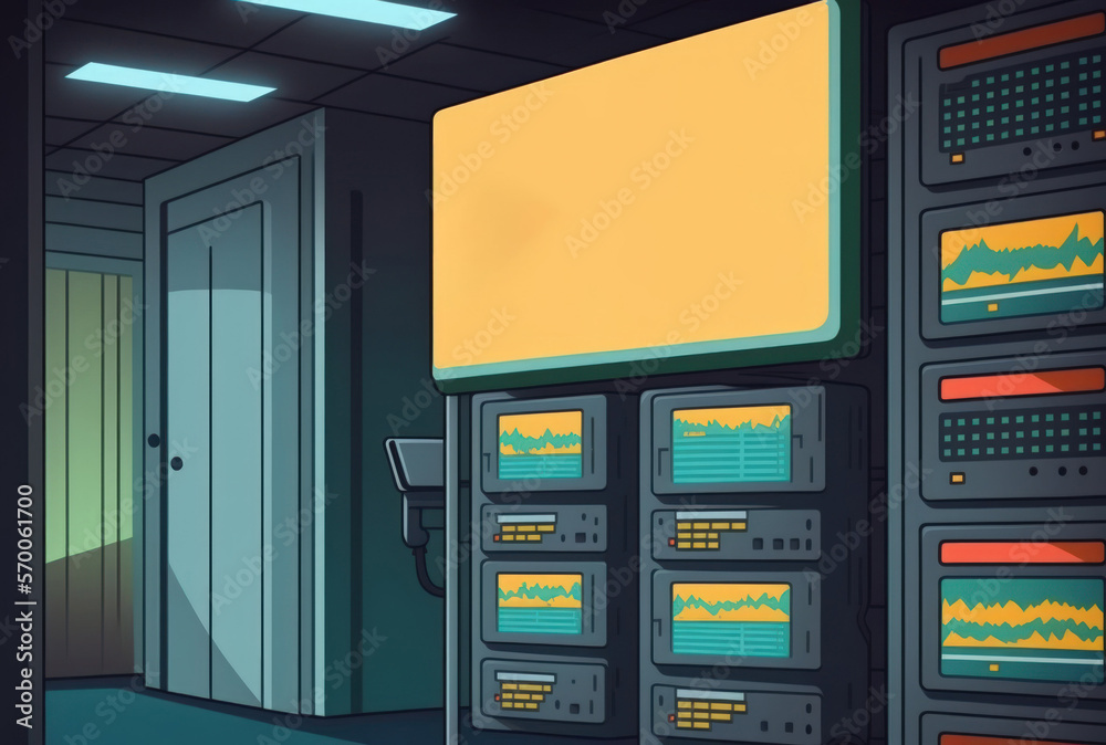 In the server room data center, the monitor display reads Network fault and has copyspace for the text and a blurry server background. Generative AI In the server room data center, the monitor display reads Network fault and has copyspace for the text and a blurry server background. Generative AI