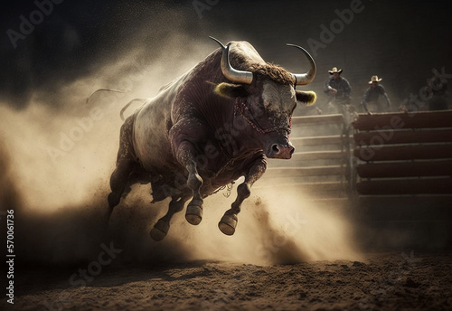 Bucking bull riding in the dusty arena of a country rodeo, generative Ai