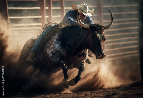 Bucking bull riding in the dusty arena of a country rodeo, generative Ai