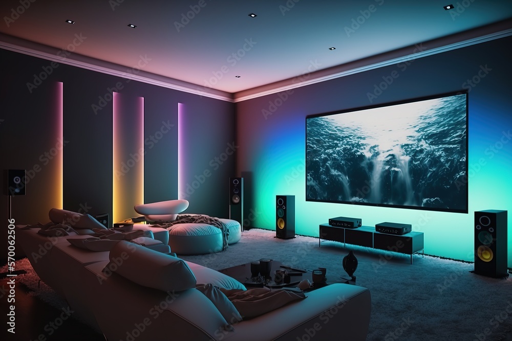 Home cinema, living room with colored LED lighting - Smart home. AI  Illustration Stock