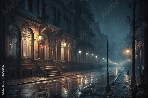Old night city lit by street lamps during the rain  empty streets  wet asphalt. AI
