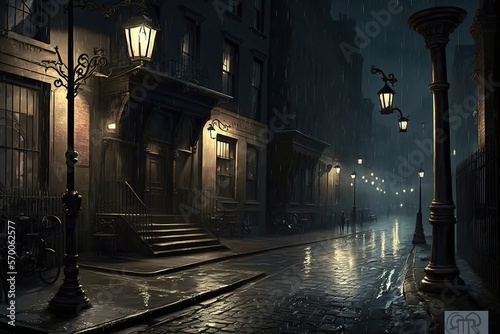 Old night city lit by street lamps during the rain  empty streets  wet asphalt. AI