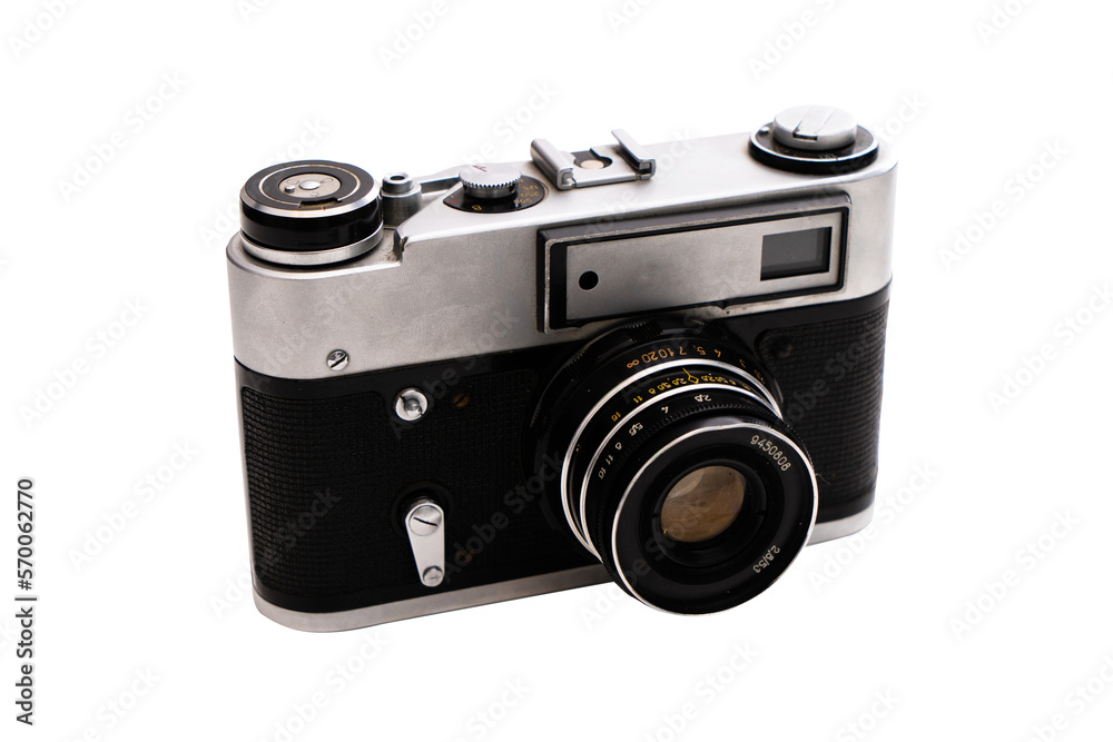 Vintage film camera and lens, isolated, transparent background, PNG.