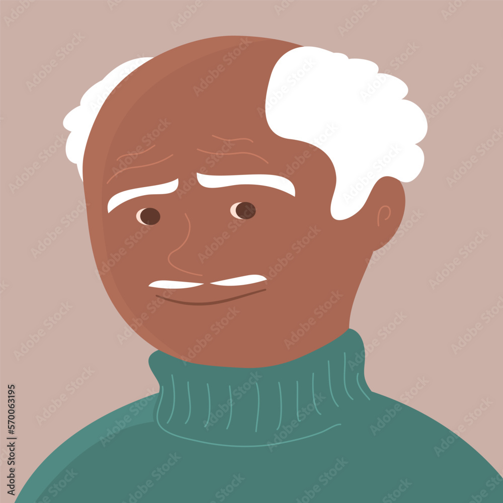 Portrait of a old african american man with a happy smile. Grandfather face. Gray hair. Flat vector illustration Portrait of a old african american man with a happy smile. Grandfather face. Gray hair. Flat vector illustration