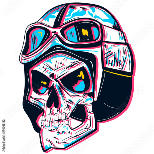 Conceptual neonwave sketch art of an aviator skull wearing a funky leather cap. Military tattoo vector of a fighter with steampunk elements.