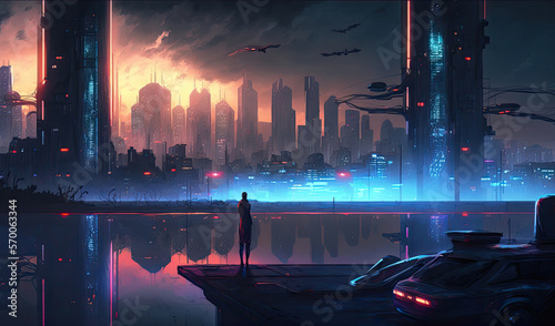 Illustration, city of the future on the horizon. Generative ai. © Iryna