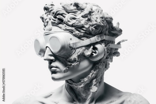 The head of a Greek character in virtual reality glasses. Generative ai.