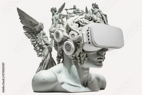 Statue of a Greek god wearing virtual reality glasses. Generative ai. photo