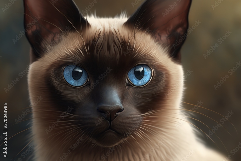 A close up portrait of a Siamese cat, with blue eyes that seem predatory and hunter like. Generative AI