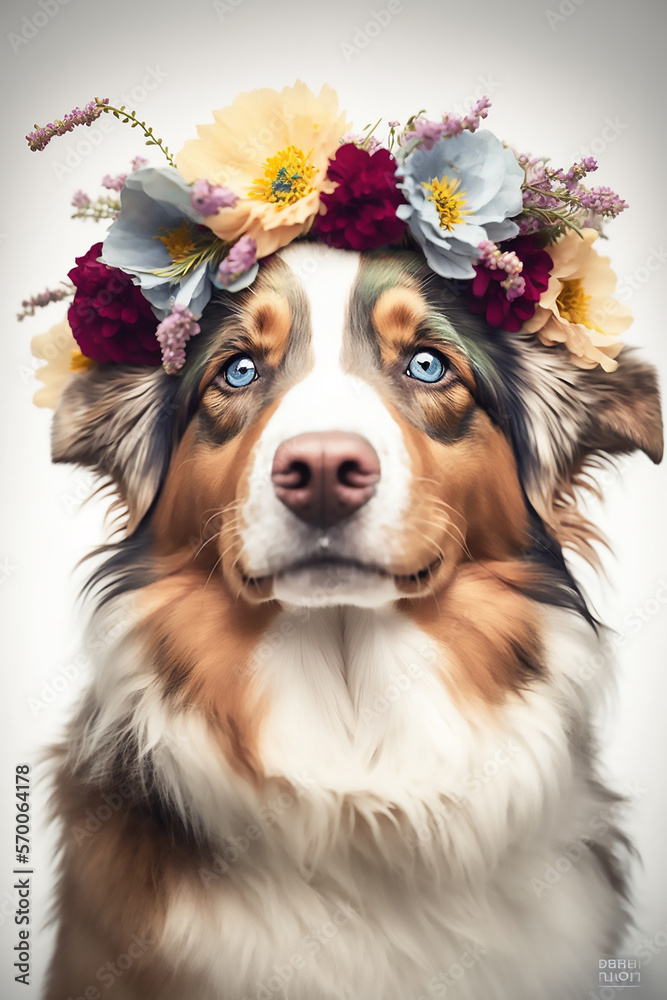 Cute Aussie dog in a flower wreath on his head
