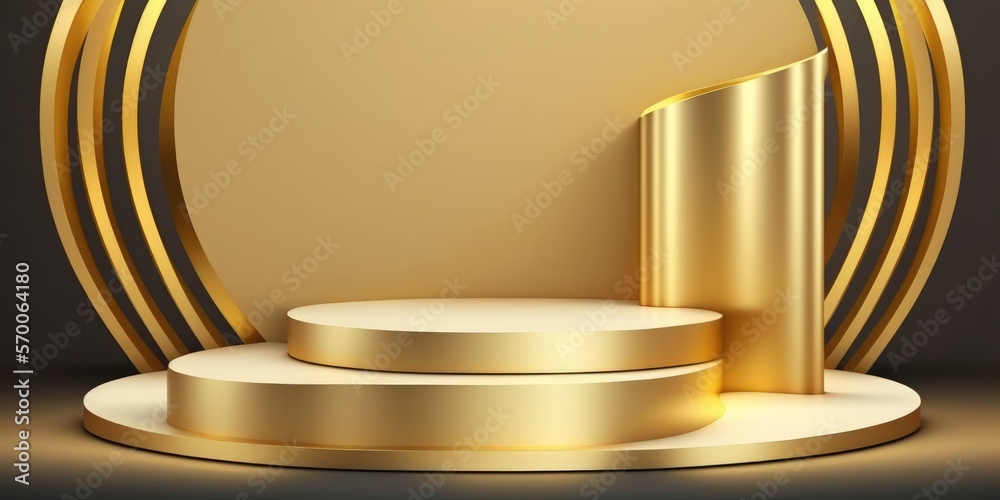 Obraz premium With a gold display and luxurious backdrops, a gold exquisite product background stand or podium pedestal is used. Generative AI