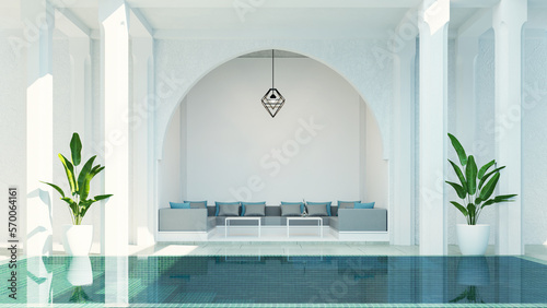 
Modern luxury riad living room garden and swimming pool in courtyard, morocco style - 3D render