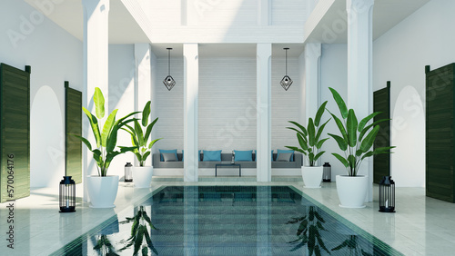 
Modern luxury riad living room garden and swimming pool in courtyard, morocco style - 3D render